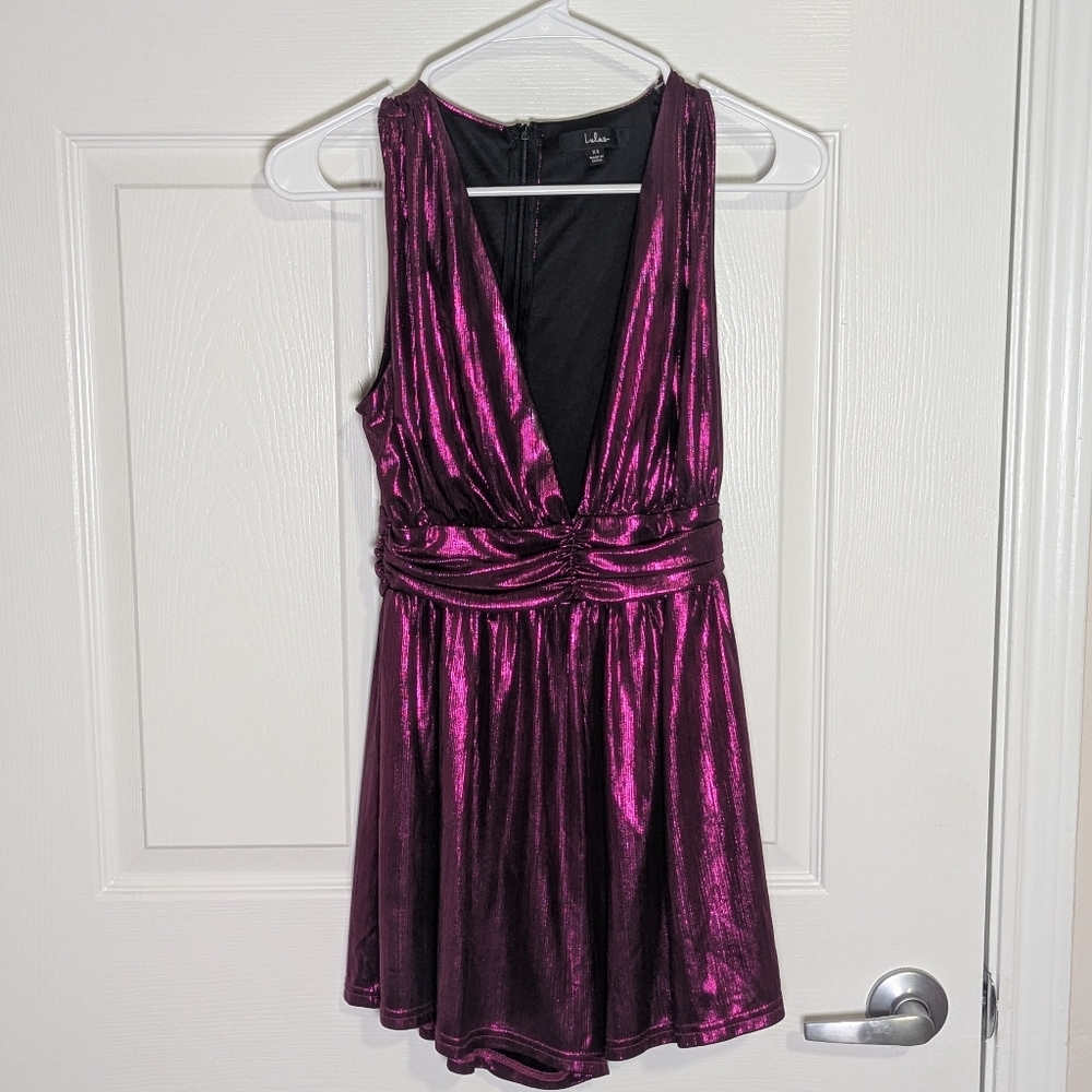 Lulus Metallic Magenta Romper XS | Shiny Pleated Fit & Flare | Deep V Neck Party